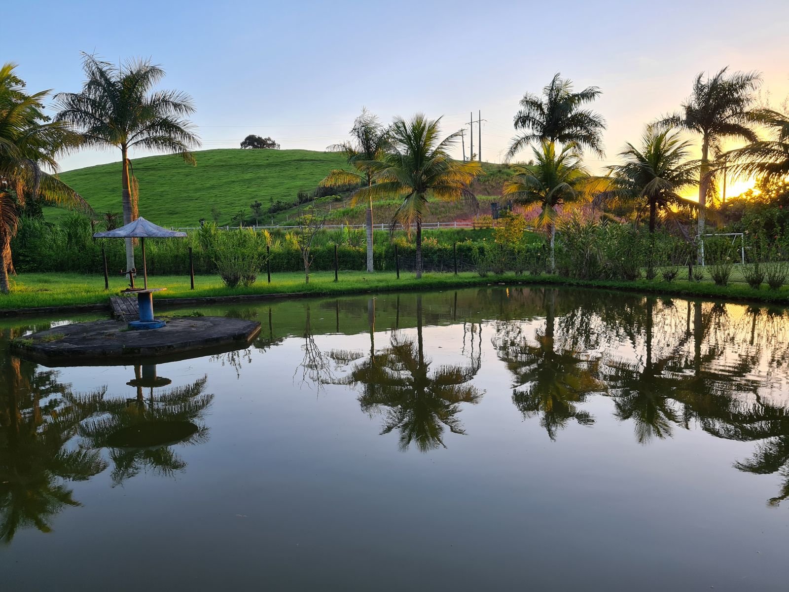 Lago ao pôr do sol com reflexo dos coqueiros